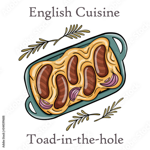 English food: toad in the hole into a baking dish on white background.