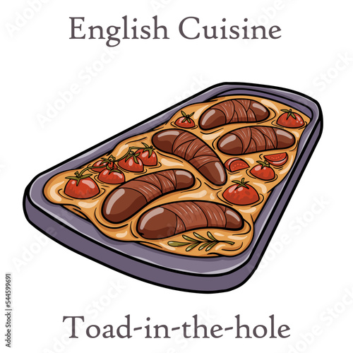English food: toad in the hole into a baking dish on white background.