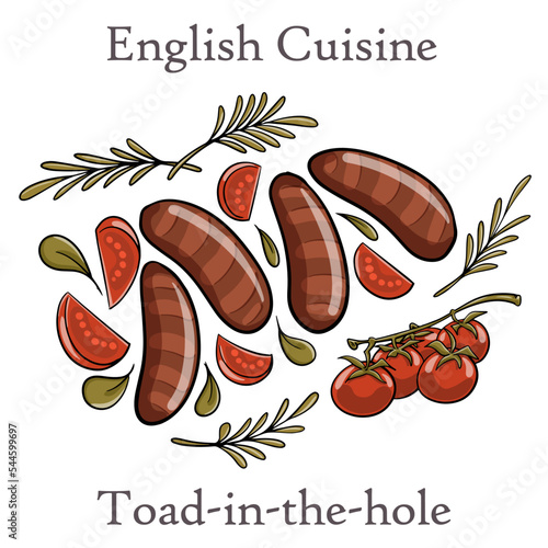 English food: toad in the hole into a baking dish on white background.