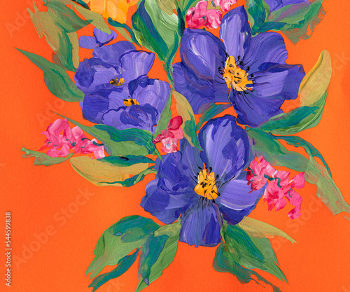 Abstract colorful flowers on a bright background. Painting with paints, impressionistic style, flower painting, acrylic, gouache. Hand drawn illustration of floral background for design or print.