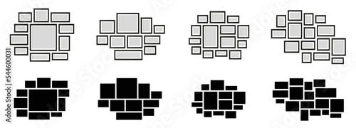 Photo frames collection. Black photo frame on wall. Square frame set. Blank pictures. Frame for photo and pictures, photo collage. Mosaic of photographs, montage isolated. Vector illustration