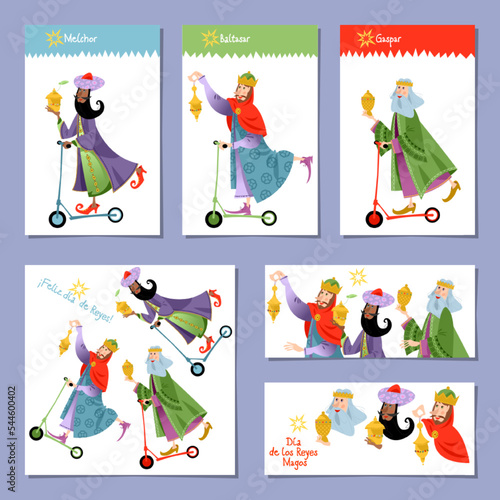 Set of 6 universal Christmas greeting cards with three Kings. Feliz dia de reyes! (Happy Three Kings Day!). Template