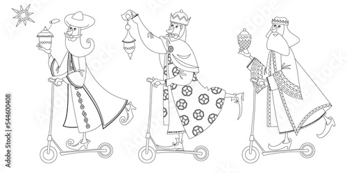 Fotografia Three biblical Kings (Caspar, Melchior and Balthazar) deliver gifts on a scooter