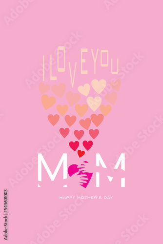 Postcard with two hands hugging heart background elements. Vector symbol of love in the shape of a heart for Happy Mother's Day greeting card design	