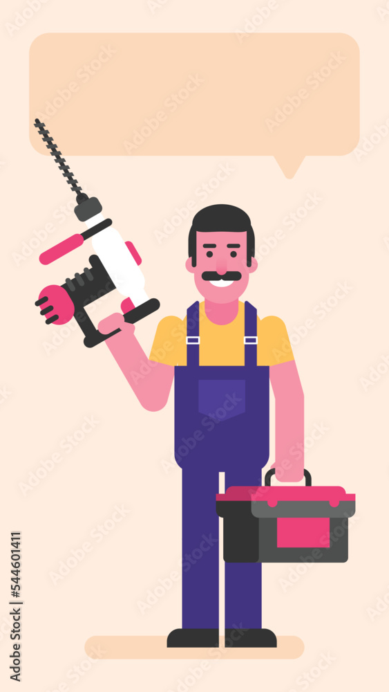 Repairman holding large electric drill and smiles Repairman holding large electric drill and smiles