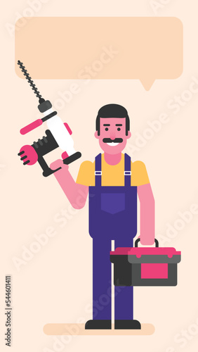 Repairman holding large electric drill and smiles