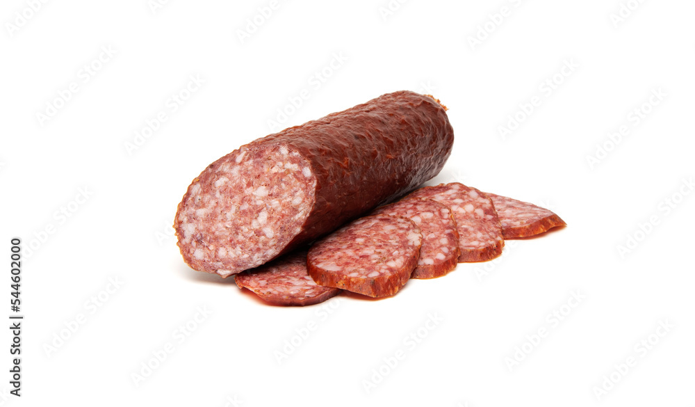Pork and venison salami smoked, matured sausage and salami slices isolated on white background Pork and venison salami smoked, matured sausage and salami slices isolated on white background