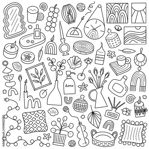 Trendy home decor hand drawn collection, doodle icons of scented candles, modern pottery, scandi and japandi interior ideas, vector illustrations of dried flowers, boho chic, isolated outline clipart 