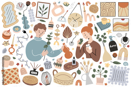 Man and woman decorating home, scandi home accessories, trendy decor icons, hand drawn collection of candles, dry flowers, vector doodle illustrations of vases, isolated colored clipart
