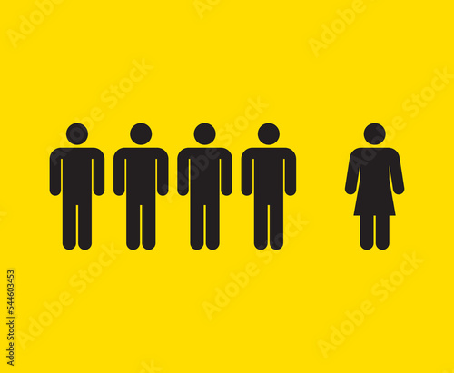 simple design of characters showing female discrimination at work with a woman and group of men distanced. society and workplace issues. yellow background