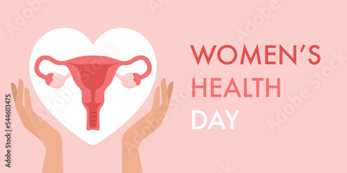 Womens health day banner. Illustration uterus in hands.  photo
