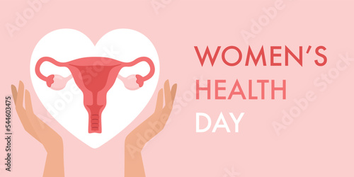 Womens health day banner. Illustration uterus in hands. 