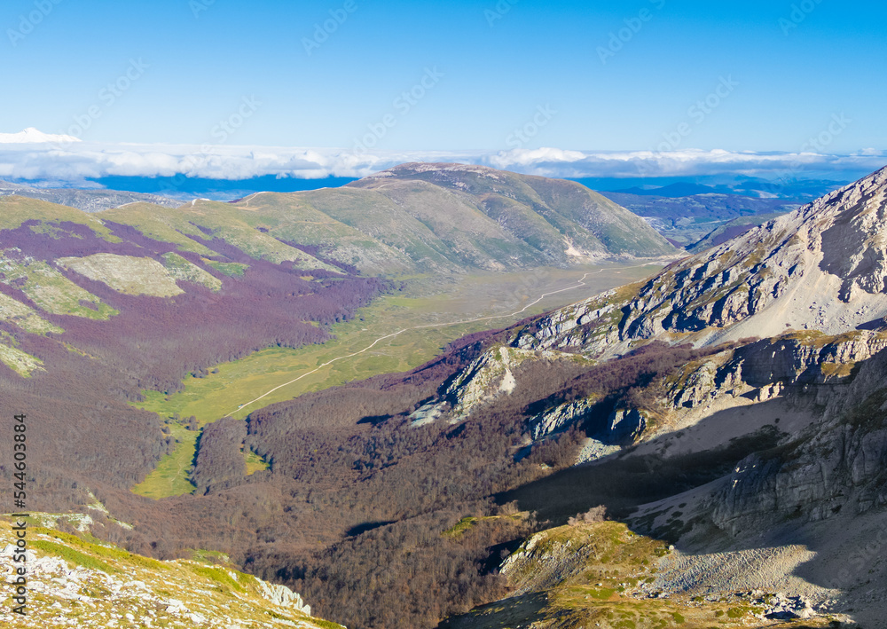 Piani di Pezza (Italy) - A landscape summit view of Punta Trento Trieste with Mount Velino and Duchessa lake, in the Natural reserve of Sirente-Velino mountains, Abruzzo regions.