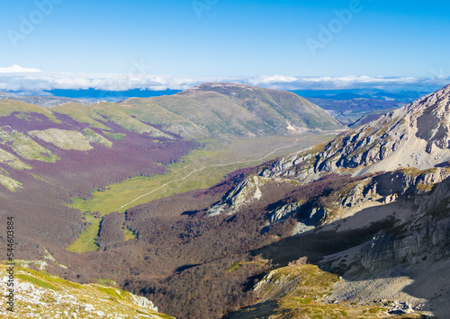 Obraz na płótnie Piani di Pezza (Italy) - A landscape summit view of Punta Trento Trieste with Mount Velino and Duchessa lake, in the Natural reserve of Sirente-Velino mountains, Abruzzo regions. w salonie