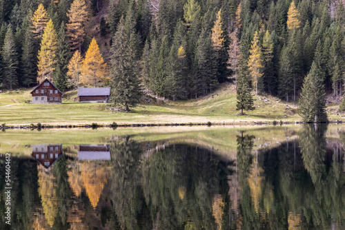 Obraz na płótnie Lake Etrachsee in the Austrian municipality of Krakau in the Murau district of Styria. It is 1,374 meters above sea level in the Krakau Valley, a high plateau in the Schladminger Tauern, Austria w salonie