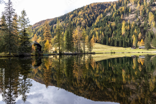 Obraz na płótnie Lake Etrachsee in the Austrian municipality of Krakau in the Murau district of Styria. It is 1,374 meters above sea level in the Krakau Valley, a high plateau in the Schladminger Tauern, Austria w salonie