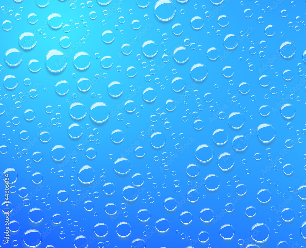 Surface of water with bubbles or clear drops, 3d render. Mockup abstract texture with liquid spheres for ad cosmetic product. Condensation droplets, rain or dew on blue background. 3D illustration