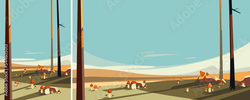 Mushroom meadow with trees. Natural scenery in different formats.
