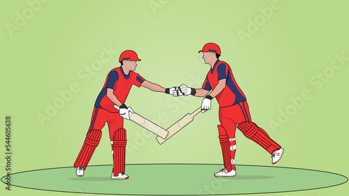 Two Cricket Batsman Shaking hands and talking Cricket match players with bat 
