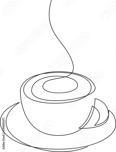 Cup of coffee with steam on plate continuous line drawing.