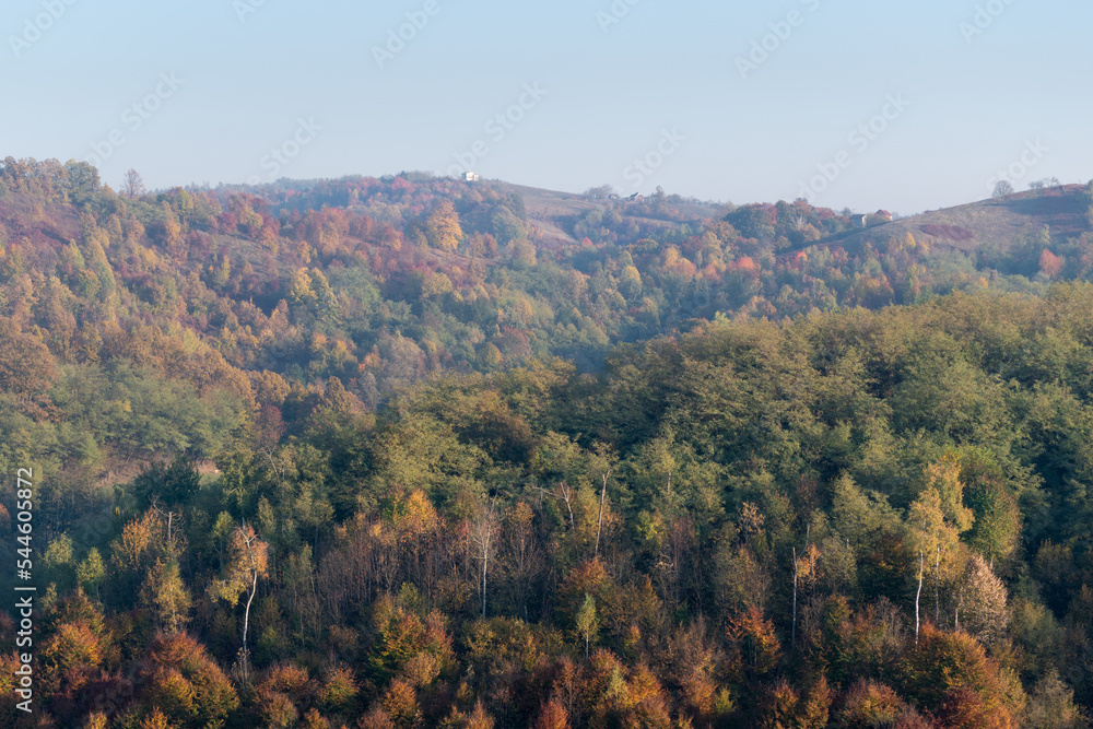 Obraz premium Hills covered with colorful forest in autumn and village houses on top of hills, rural landscape