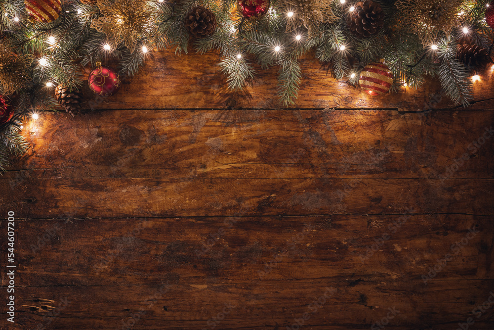 Christmas decoration on the wooden background - obrazy, fototapety, plakaty 