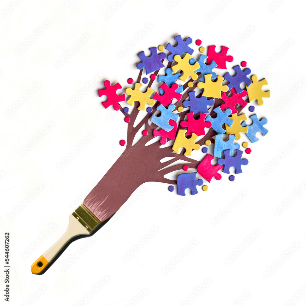 Brush painting abstract tree with colorful vibrant puzzle pieces on off white background. World Autism Awareness Day decorative element for banner, wallpaper. Creative background for flyer, poster. Brush painting abstract tree with colorful vibrant puzzle pieces on off white background. World Autism Awareness Day decorative element for banner, wallpaper. Creative background for flyer, poster.