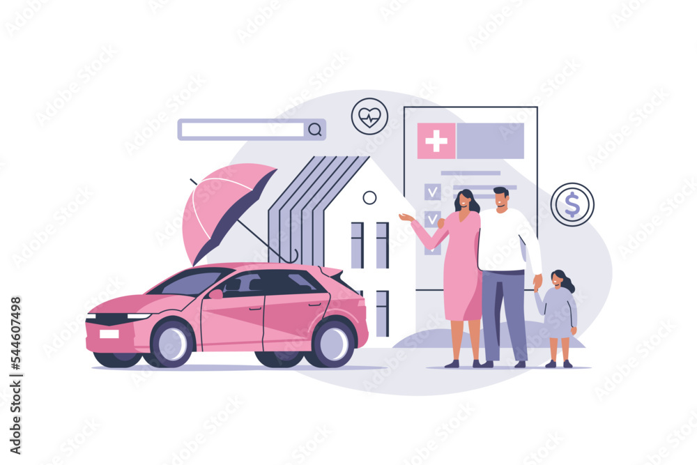 Health, car or house property insurance. Care about family life, assurance protection. Car and house safety. Vector illustration. Health, car or house property insurance. Care about family life, assurance protection. Car and house safety. Vector illustration.