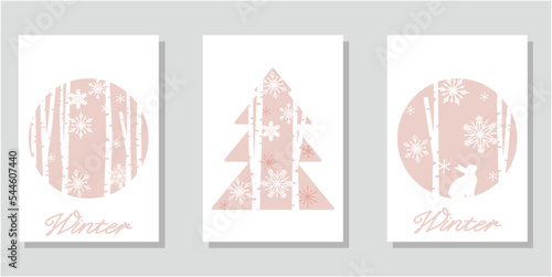 Set of winter holiday frames. Snow forest and White Christmas decoration template collection. Vector illustration.