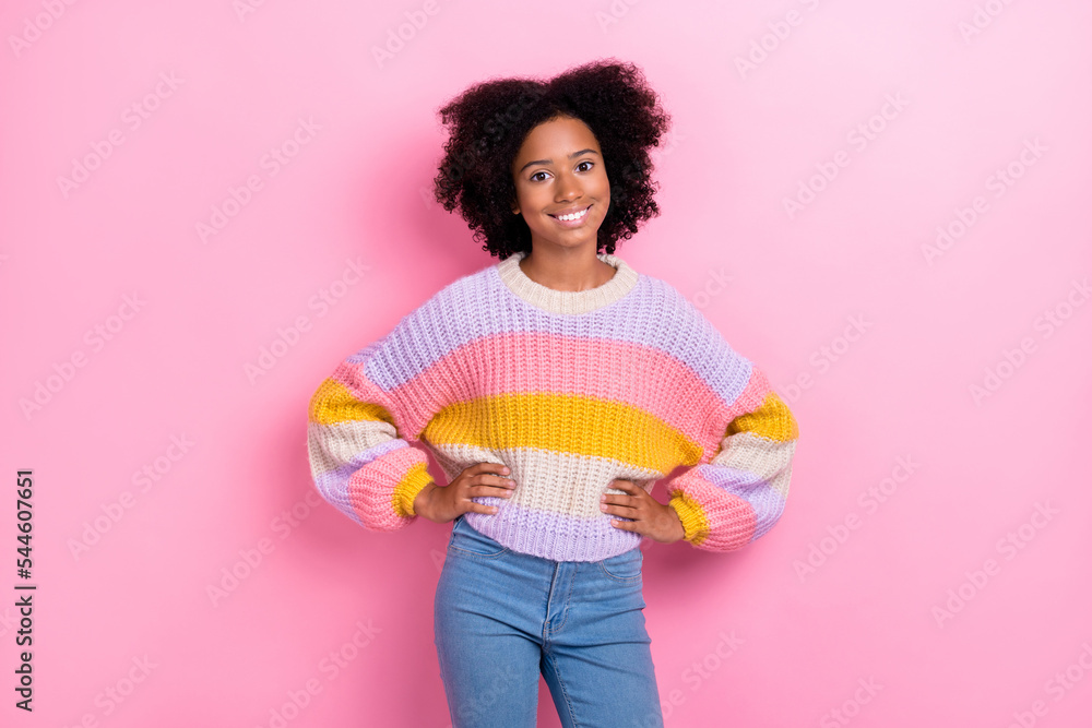 Photo of cheerful cute beautiful teenager girl touch chest posing for model agency wear stylish knitted sweater isolated on pink color background Photo of cheerful cute beautiful teenager girl touch chest posing for model agency wear stylish knitted sweater isolated on pink color background