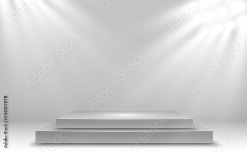 Podium  pedestal or platform  illuminated by spotlights in the background. Vector illustration. Bright light. Light from above. Advertising place