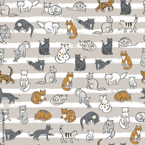 Cat domestic animal vector seamless striped pattern.
