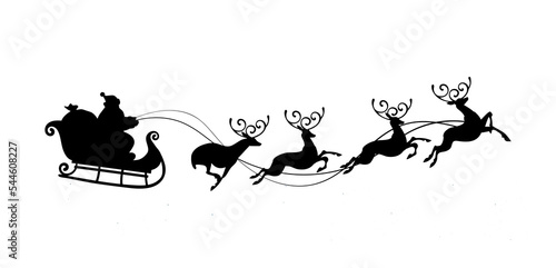 Santa Claus flying in a sleigh with reindeer, black vector silhouette on a white background. Christmas flat illustration for design, window sticker.