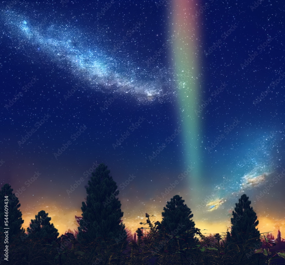 Starry sky  nebula on night  and dark forest plant and tree moon and  Aurora  light flares nature landscape wonderland 