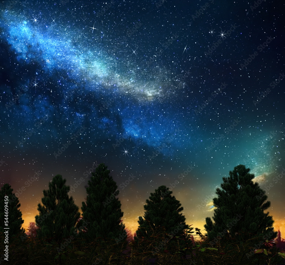 Starry sky nebula on night and dark forest plant and tree moon and ...