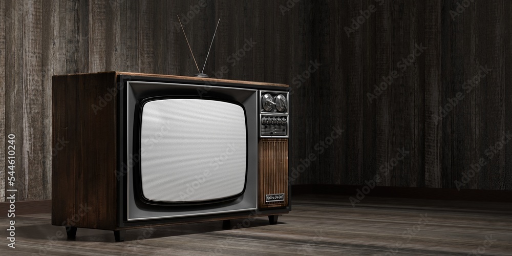 Retro television set, wooden walls and floor - 3D illustration - obrazy, fototapety, plakaty 