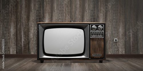 Retro television set, wooden wall and floor - 3D illustration