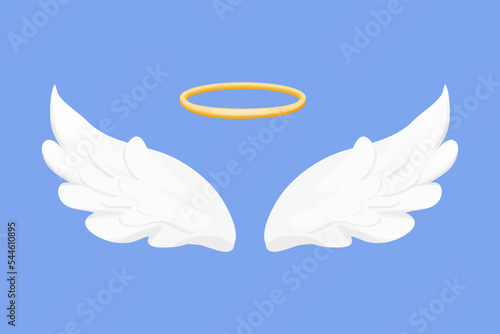 Angel wings white with halo, nimbus in cartoon style isolated on blue background, design element for decoration.
