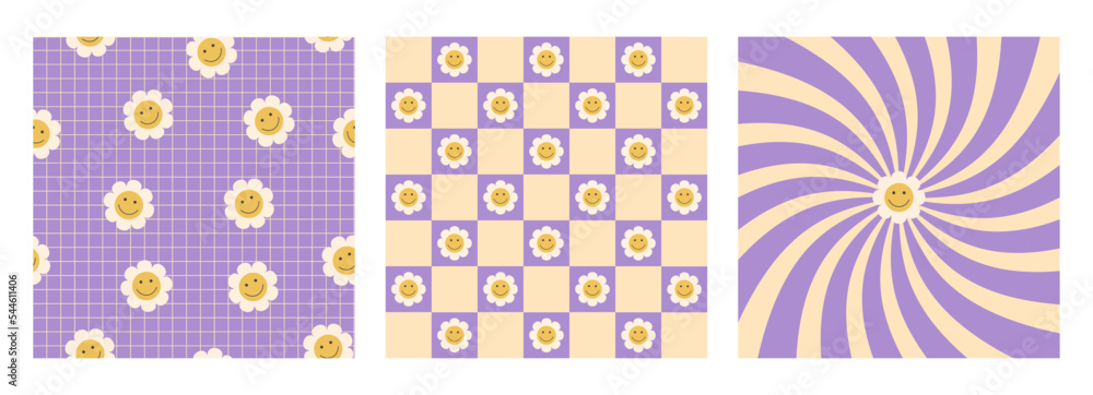 Set of stickers in trendy retro psychedelic style. Set of hippies 70s, 80s, 90s. Floral seamless pattern.Chamomile on a chessboard in purple. Retro rays. Funny smiling flower. Set of stickers in trendy retro psychedelic style. Set of hippies 70s, 80s, 90s. Floral seamless pattern.Chamomile on a chessboard in purple. Retro rays. Funny smiling flower.
