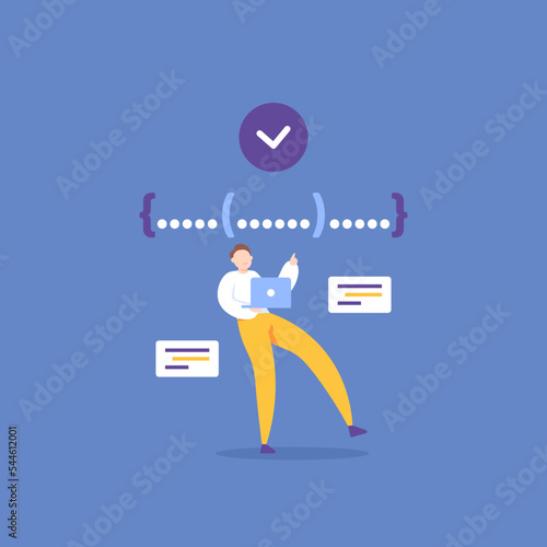 full stack developer, programmer, website and software development. script troubleshooting. a worker or employee working and coding or making programs using a laptop. illustration concept design