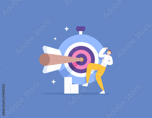 work time management and complete work before deadlines. disciplines, strategies, challenges, business plans. an entrepreneur is happy because he managed to reach the target and on time. illustration
