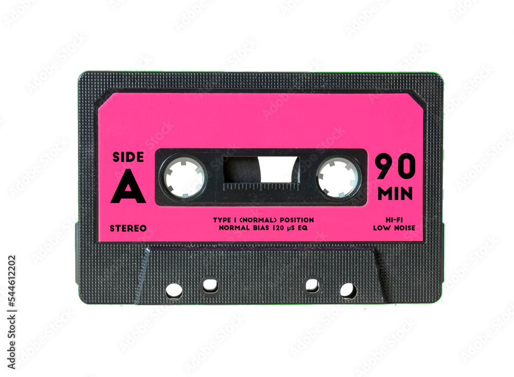 Isolated old vintage cassette tape, with text on the label (Side A, 90 Min) and an empty space for the title.
