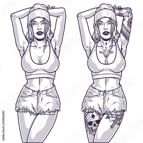 Cocky girl portrait monochrome label