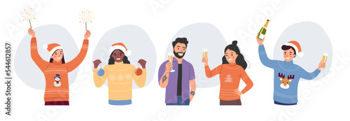 Happy young women and men with glasses with champagne, bottle of champagne, Bengal light, christmas balls.  Flat style cartoon vector illustration.