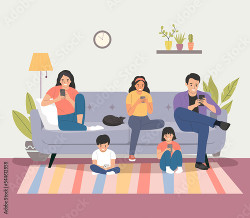 Mother and father with children sitting on the sofa with smartphones. Vector flat illustration