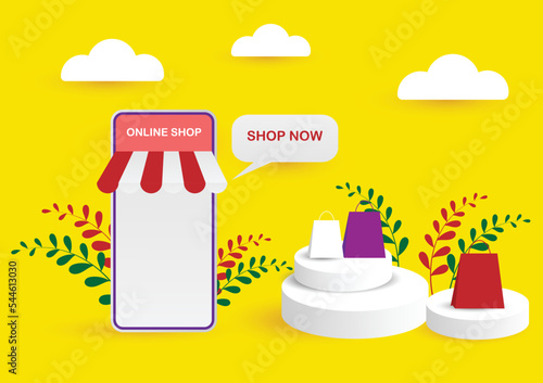 Online shopping concept on the yellow background stock illustration