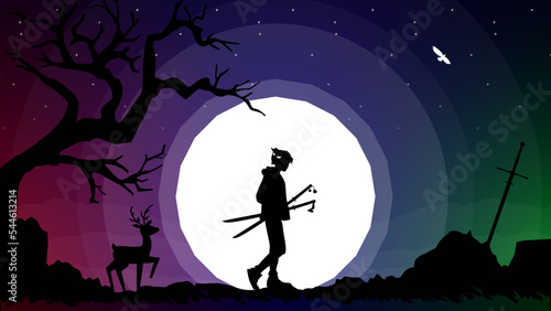 samurai boy anime wallpaper. war of the samurai wallpaper. illustration of a samurai boy going to war. silhouette of a person in the night. samurai boy with oni mask on head. 