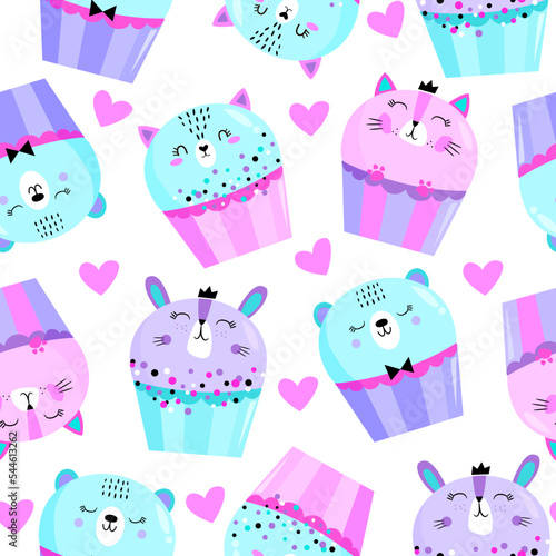 Fashion colorful wallpapers. Seamless pattern with animals on cupcakes on White background. Design face cat, rabbit, bear for little kids