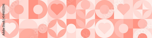 Seamless pink background for Mother's Day card template. Trendy geometric shapes with circles, squares and hearts in retro style for a Valentine's Day or wedding day cover.