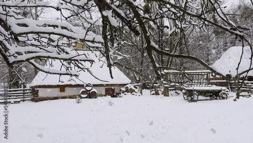 Snowy winter in Mamajeva Sloboda Cossack Village, Kyiv, Ukraine photo